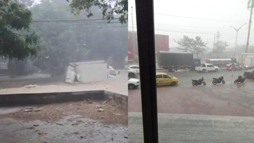 video de lluvia y un camión arrastrado por arroyo en Soledad